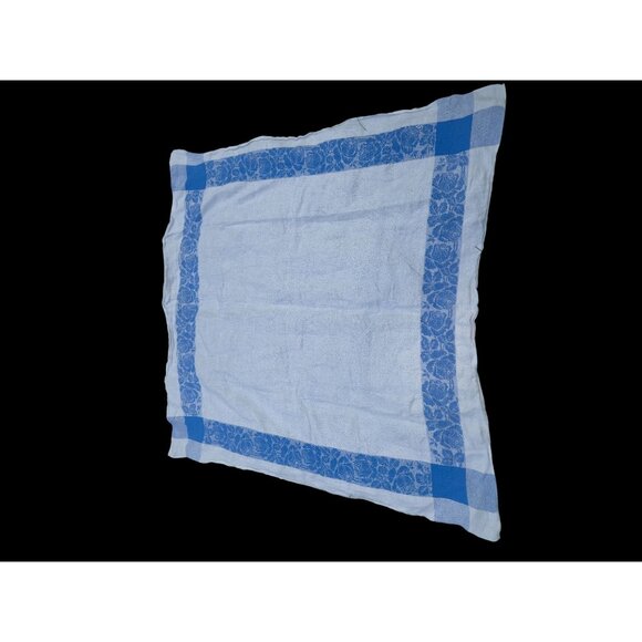 Vintage Tablecloth Floral Leaves Retro table linens Table Cloth blue white 1950s - Picture 4 of 12